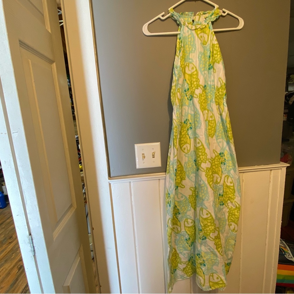 Lilly Pulitzer Lucky Fish Patterned Maxi Dress with Ruffle Collar size 12